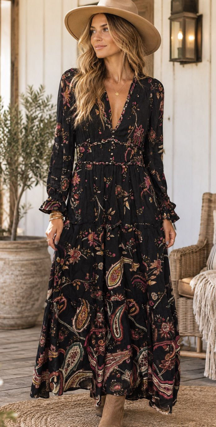 Black tiered maxi dress with paisley and floral patterns, modeled with a wide-brim hat.