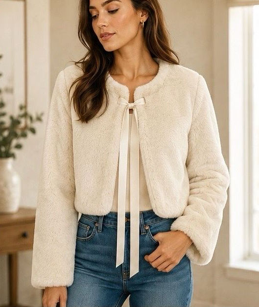 Cream cropped plush jacket worn open over jeans.