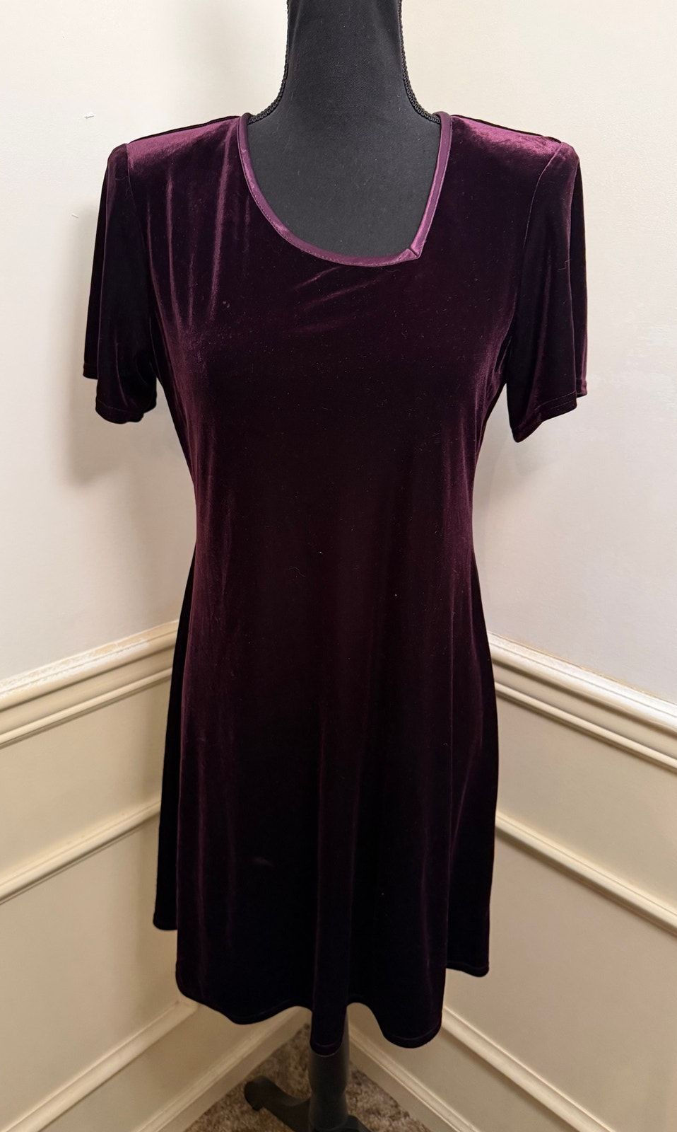 Dark plum velvet mini dress on a mannequin, with soft highlights across the fabric.