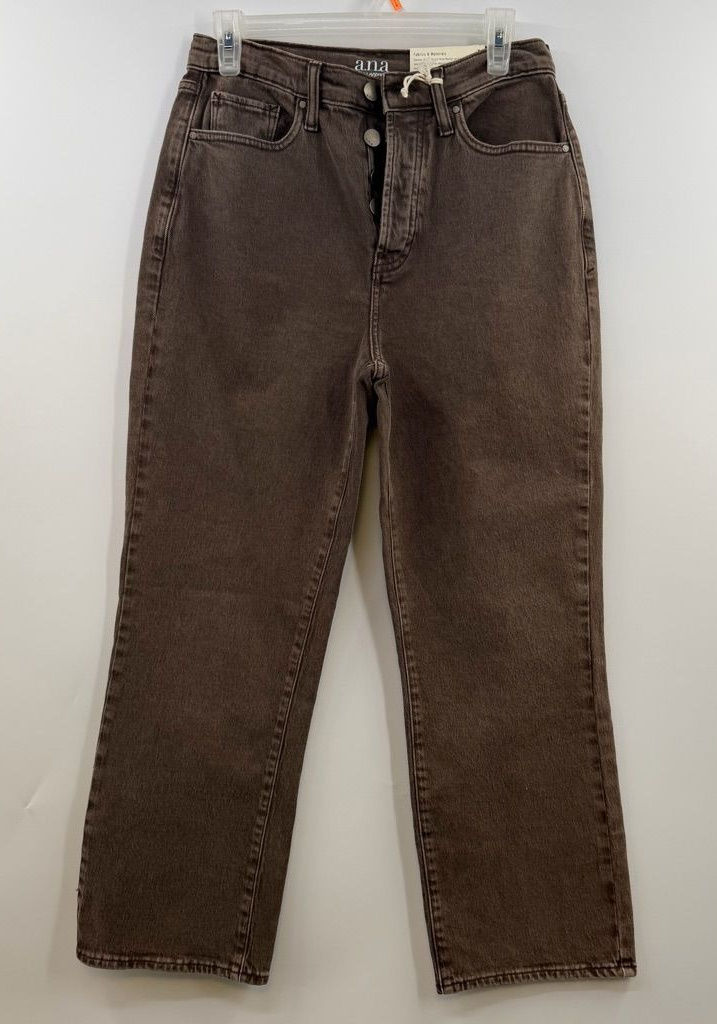 Chocolate-brown straight-leg jeans laid flat, showing the waistband, seams, and full legs.