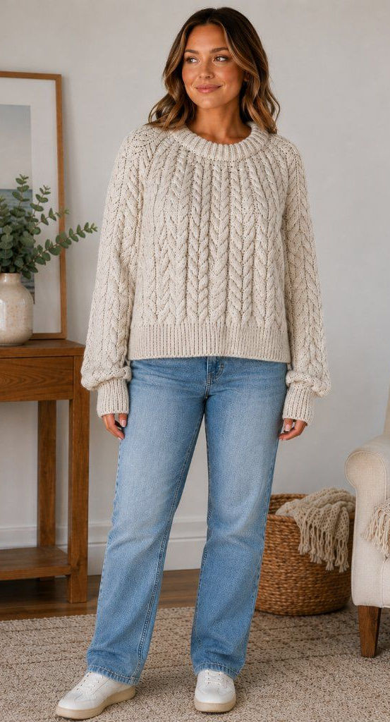 Roomy oatmeal cable-knit sweater with raised braided cables, worn with relaxed blue jeans.