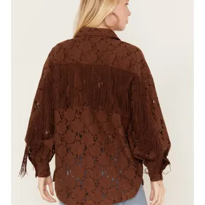 Shyanne Chocolate Lace Button-Down fringe shacket thumbnail 2