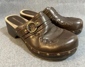 Lower East Side‎ 9.5 Vintage 90s Y2K brown Leather Slip On Chunky Platform Mules thumbnail 1