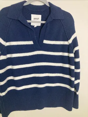 aerie Navy & White Striped V‑Neck Polo Sweater thumbnail 4
