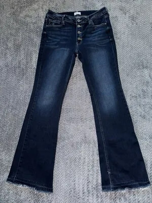 KanCan High Rise‎ Flare Jeans Dark Wash Button Fly Frayed Hem Size 30 thumbnail 1