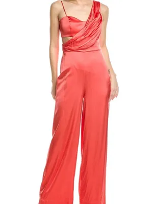 AMUR Blynn Spicy Coral Asymmetrical Pleated Drape Jumpsuit Formal Size 4 thumbnail 2