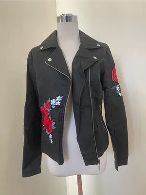 Say What? Faux leather Black Moto Jacket with Red Rose Embroidery thumbnail 1