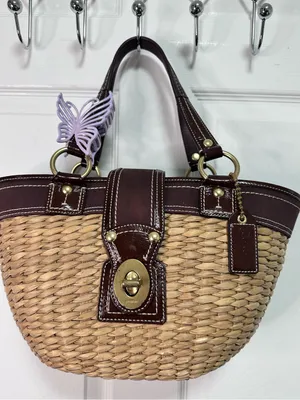 Coach Vintage Natural Straw Tote with Brown Leather Trim thumbnail 1