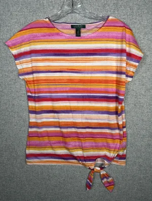 Lauren Ralph Lauren Small Womens Top Striped Southwest Tie Boho‎ Cap Sleeve thumbnail 1