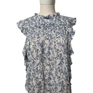 Beachlunchlounge‎ White Blue Floral Ruffle Neck Cotton Sleeveless Blouse Small thumbnail 2