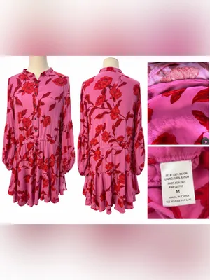 Karlie Pink Red Floral Long Sleeve Mini Dress Medium Boho Tiered Rayon Boutique thumbnail 4
