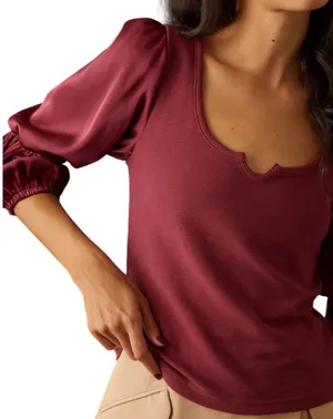 Anthropologie Maeve Ribbed Tiered Sleeve Mixed Media Top‎ Burgundy Size Small thumbnail 1