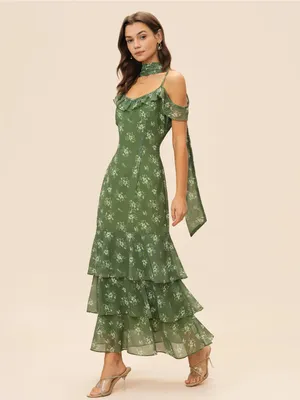 Rihoas Green Floral Ruffled Cold-Shoulder Maxi Dress thumbnail 4