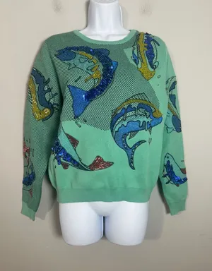 Vintage Style Mint Green Sequin Beaded Fish Knit Crewneck Sweater Large thumbnail 1