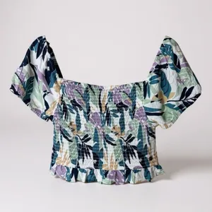 Roxy‎ Women's Smocked Puff Sleeve Crop Top Tropical Print Size Large thumbnail 6