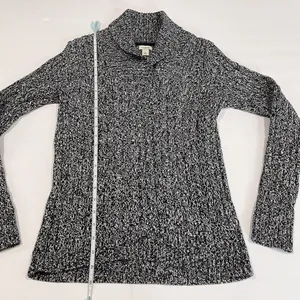 LL Bean Black Marled Pullover Cable V Neck Shawl Collar Cotton‎ Sweater SMALL thumbnail 8