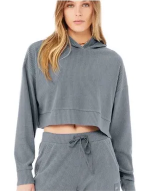 Alo Yoga Muse Hoodie‎ ribbed knit cropped In Blue Size Medium thumbnail 1