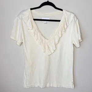 Current/Elliott‎ Cream Ruffle V-Neck Short Sleeve Cream Top Size 1 Small T-Shirt thumbnail 1