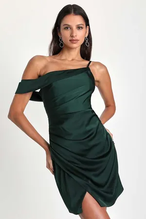 NWT Lulus Magnificent Magic Emerald Green Satin Asymmetrical Mini Dress Party XS thumbnail 1