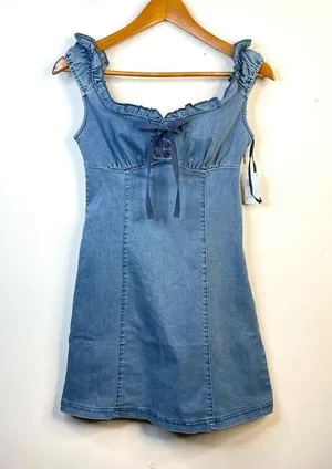 Urban Outfitters Nayda Denim Ruffle Lace up Stretch Mini Dress womens XS new thumbnail 3