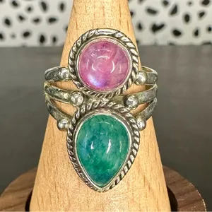 Sterling Silver Pink and Green Moonstone Two Stone Triple Band Ring Size 7 thumbnail 8