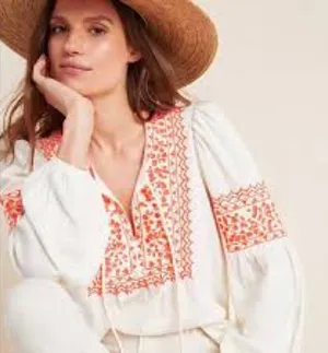 Anthropologie Maeve Louisa Cream Bohemian Long Sleeve Top with Coral Embroidery thumbnail 1