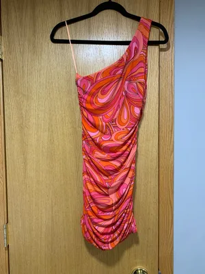 Olivaceous Retro Print One-Shoulder Bodycon Mini Dress - Size Small thumbnail 2