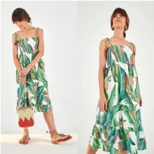 NWT Farm Rio x Alberto Pitta Midi Forest Palm Print Smocked Dress Green S thumbnail 2