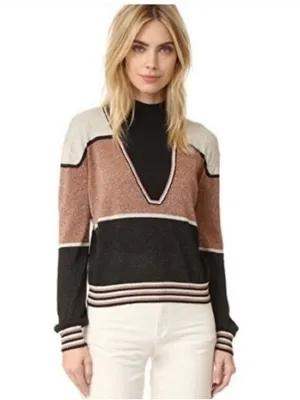 Free People Gold Dust Metallic Deep V Pullover Sweater Colorblock Size Large thumbnail 2