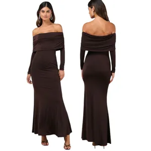 Lulus Effortlessly Stunning Dark Brown Off-the-Shoulder Maxi Dress size S NWT thumbnail 2