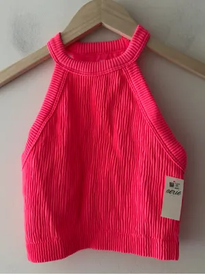Aerie NEW! Superchill Seamless High Neck Bra Top Pink Ribbed thumbnail 2