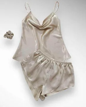 ANNA-KACI Khaki Satin Camisole And Shorts Pajama Set Medium | NWT thumbnail 1