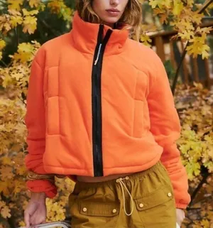 FP MOVEMENT Free People Neon Orange Puffer Fleece Jacket Cropped Insulated Sz L thumbnail 1