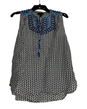 J. Crew Blue & White Printed Sleeveless Tank with Blue Embroidered Yoke thumbnail 1