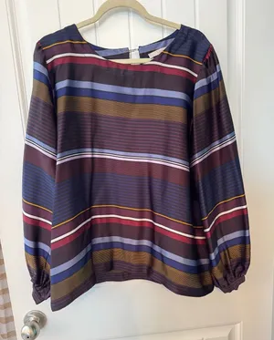 LOFT Striped Long-Sleeve Blouse in Burgundy, Navy & Gold thumbnail 1