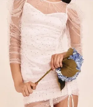 FOR LOVE & LEMONS White Puff Sleeve Sheer Tulle Dress Rhinestone Pearls Sz Med thumbnail 1