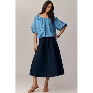 ANTHROPOLOGIE MAEVE SHORT PUFF SLEEVE BUBBLE TIERED BLOUSE SHIRT TOP Small Blue thumbnail 3