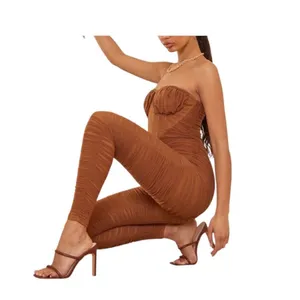 PrettyLittle Thing Chocolate Corset Detail Mesh Ruched Bandeau Jumpsuit NWT thumbnail 3