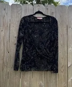 Bandolino Shirt Womens 1XL Black Fairy Light Grunge‎ Mesh Long Sleeve thumbnail 1