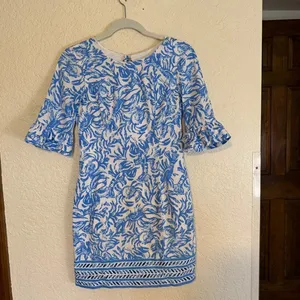 Lilly Pulitzer Shift Dress Blue 00 Womens Ruffle‎ Sleeve Lobster Print Mini thumbnail 4