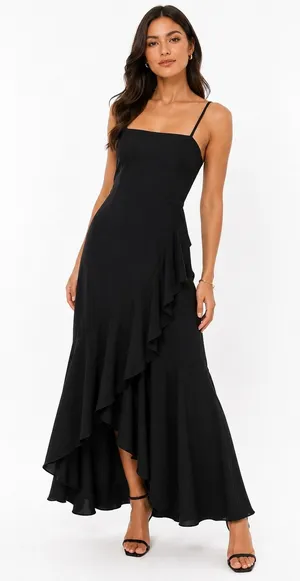 SheIn Elegant Evening 6 Maxi Dress High Low Ruffle Hem Whimsigoth Black Fairy Grunge thumbnail 1