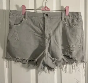aerie Light Gray Distressed Denim Shorts with Frayed Hem thumbnail 1