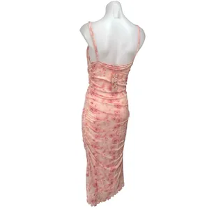 NEW Shein Pink Floral Ruched Sleeveless Cami Camisole Tank Midi Bodycon Dress M thumbnail 2
