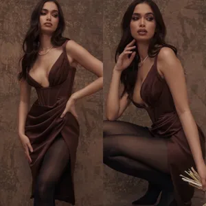 House of CB Faye Satin Pleated Midi Dress Size XS brown‎ $269 NWOT thumbnail 2