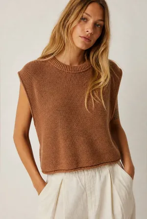 Free People Knit Sweater Vest XS Brown Cotton Cropped Chunky Knit Boho thumbnail 1