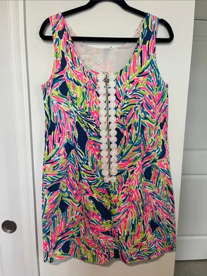 Lilly Pulitzer Cathy Shift Dress (Sz 10) Indigo Palm Reader Cotton Mini Hot Pink thumbnail 6