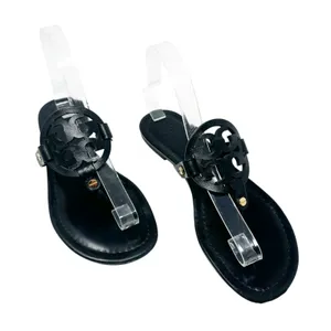 Tory Burch Miller Black Matte Leather Logo Medallion Flat Sandals Size 8 thumbnail 1