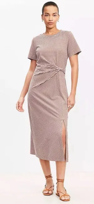 NEW LOFT Striped Twist Midi Dress 100% Cotton Brown and White - Size L thumbnail 1