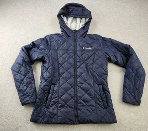 Columbia Copper‎ Crest Jacket SMALL quilted Soft Faux Fur Lined Hooded Navy Blue thumbnail 1