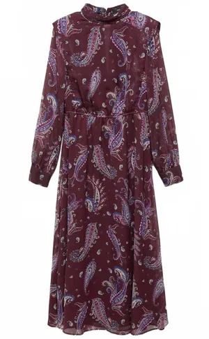 Mango Long Sleeve Flowy Paisley-Print Dress Midi Sandy Maroon NWT Size 2/XS thumbnail 1